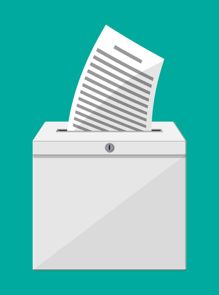 Ballot box. Container with lock full of documents papers. Voting case for suggestions elections. Box for tips and donations. Vector illustration in flat style