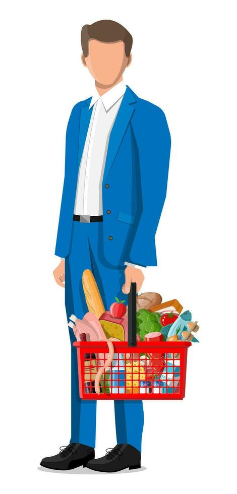 Man with shopping basket with fresh products. Grocery store supermarket. Food and drinks. Milk, vegetables, meat, chicken cheese, sausages, salad, bread cereal steak egg. Flat vector illustration