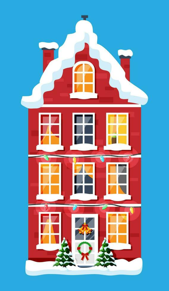 ciudad casa cubierto nieve. edificio en fiesta ornamento. Navidad árbol abeto, guirnalda. contento nuevo año decoración. alegre Navidad día festivo. nuevo año y Navidad celebracion. plano vector ilustración