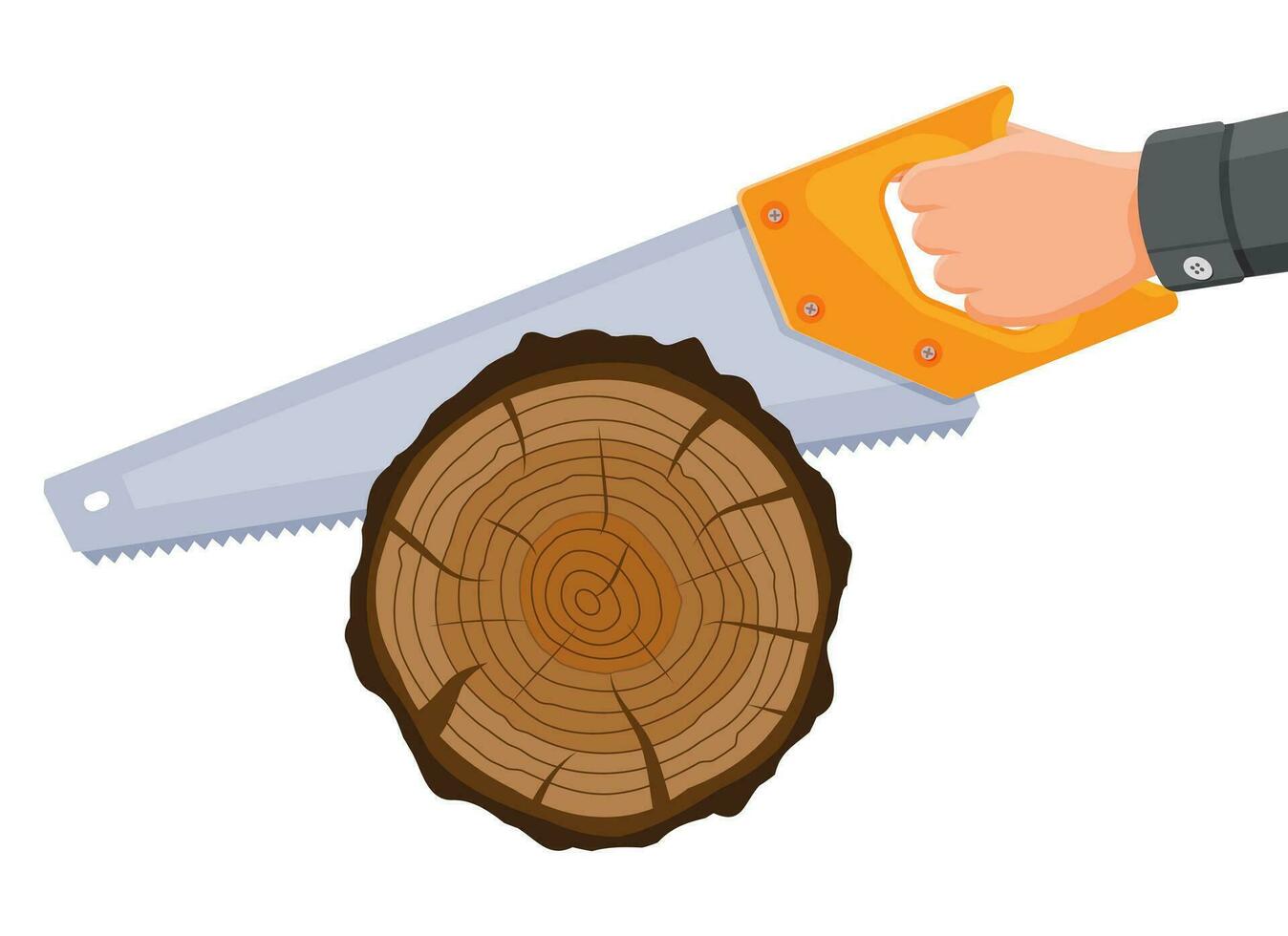 Sierra aserradura árbol trompa. carpintero aserradura madera. madera cortar, cruzar sección de árbol o tocón. carpintería trabajar. de madera Iniciar sesión y mano sierra. dibujos animados plano vector ilustración