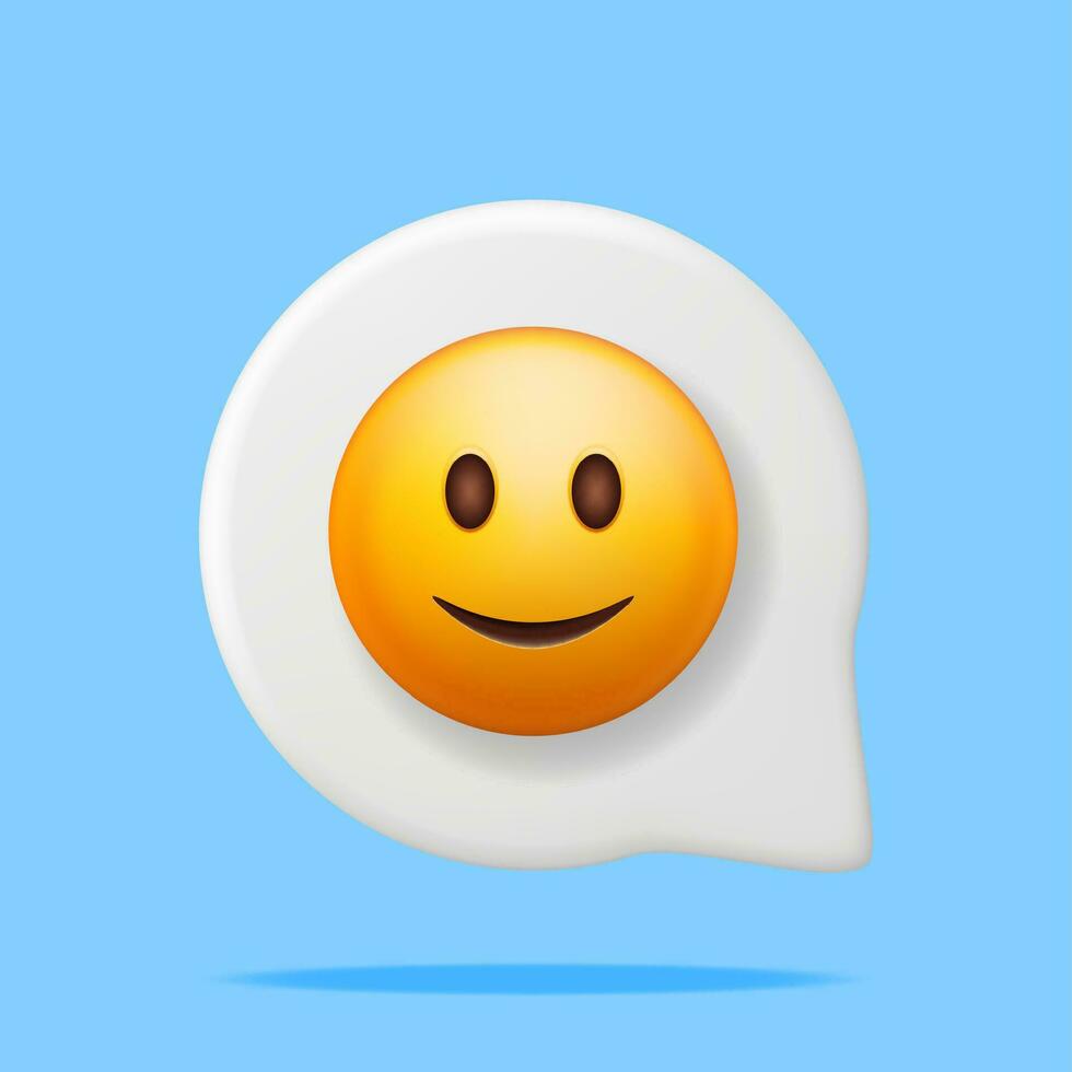 3D Yellow Happy Emoticon on Speech Bubble Isolated. Render Slightly Smiling Emoji. Happy Face Simple. Communication, Web, Social Network Media, App Button. Realistic Vector Illustration