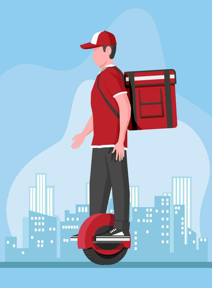 Delivery man riding monowheel with the box. Concept of fast delivery in the city. Male courier with parcel box on his back with goods and products. Cartoon flat vector illustration