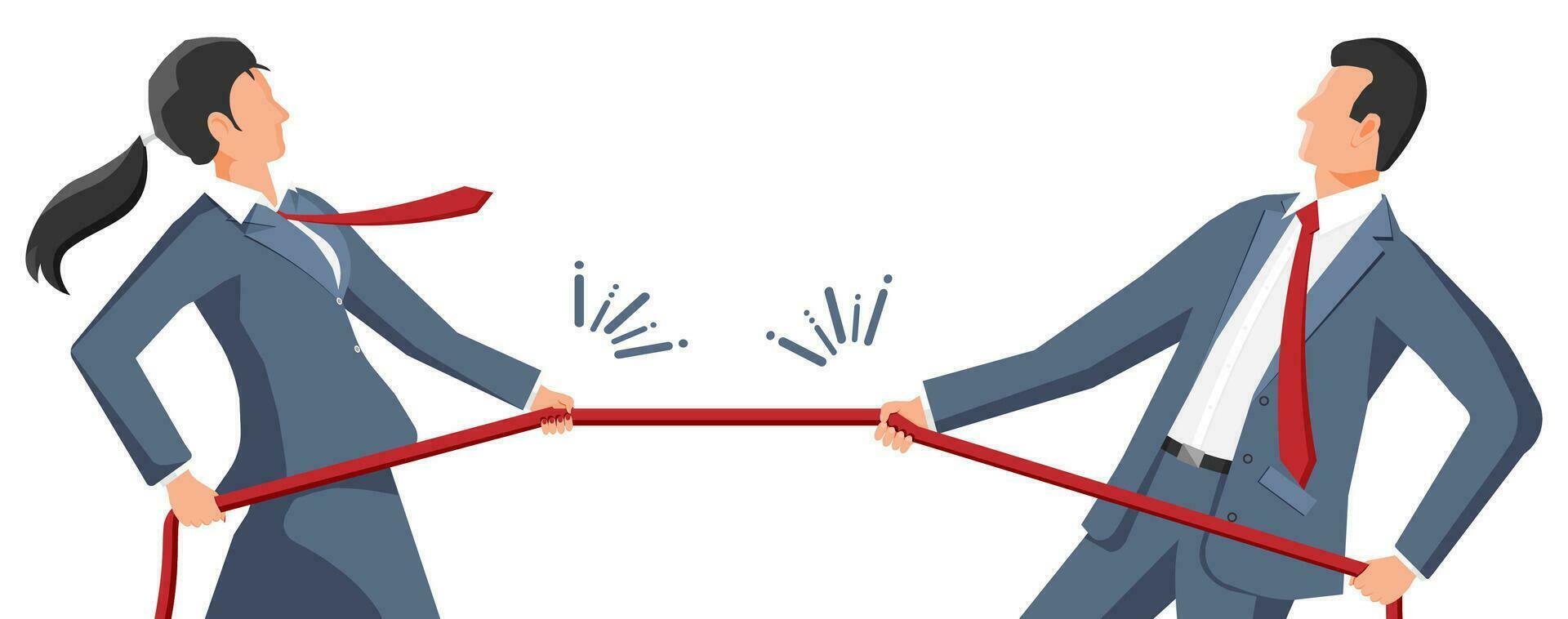 Businesswoman and Businessman Pull of Rope. Man and Woman Tug of War and Look at Each Other. Business Target, Rivalry, Competition, Conflict. Achievement, Goal Success. Flat Vector Illustration