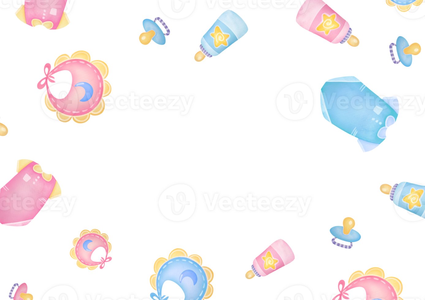 Watercolor hand drawn layout card on transparent background. Gender Reveal Party banner with blue and pink vests, overalls, bibs, handkerchiefs, pacifier, bottles, copy space. girl or boy flyer design png