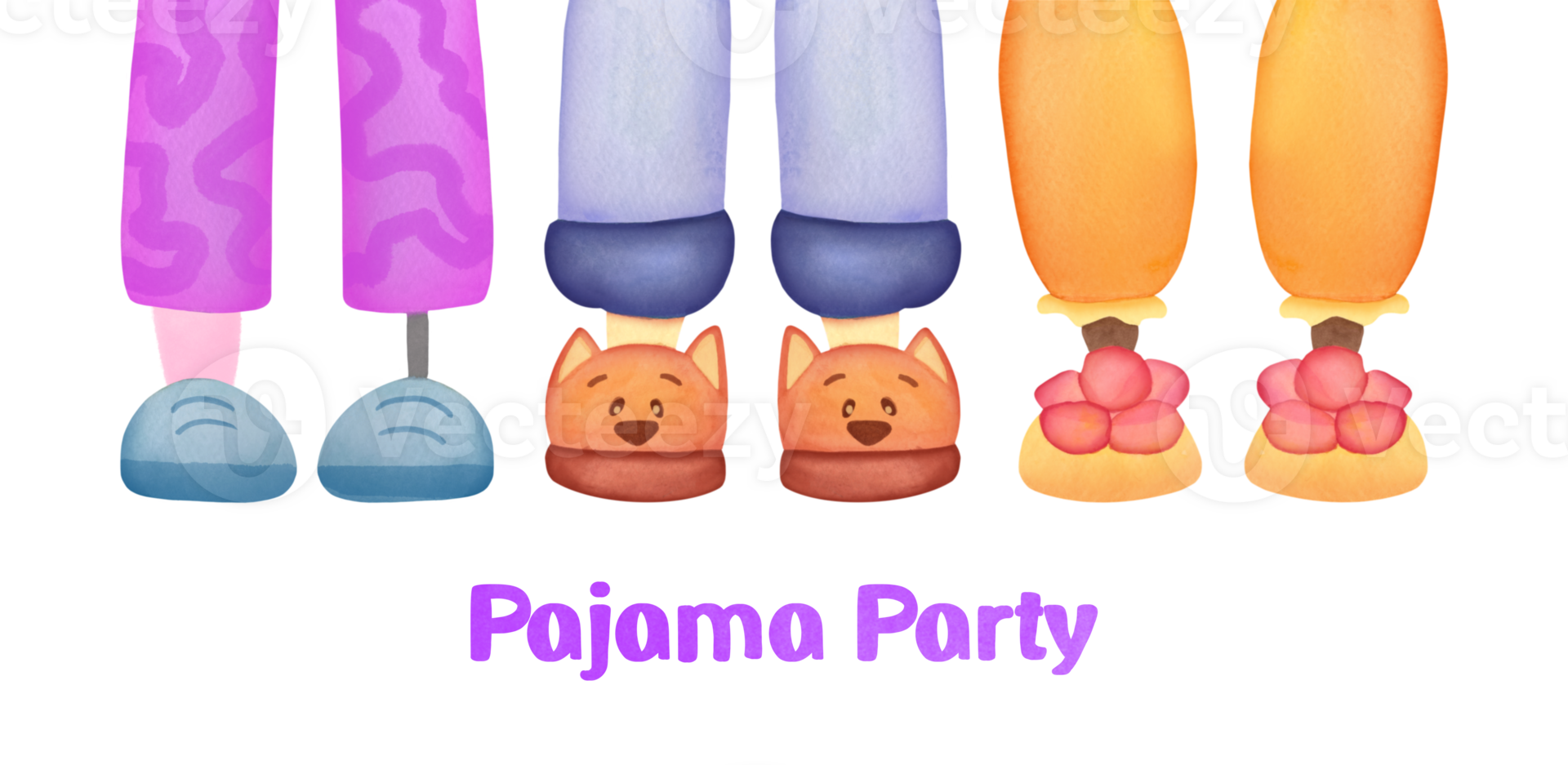 pink Pajama party. Legs in funny fluffy comfort slippers on transparent background. slumber watercolor style for kids. invitation to birthday celebration in comfortable shoes, clothes. Good night png
