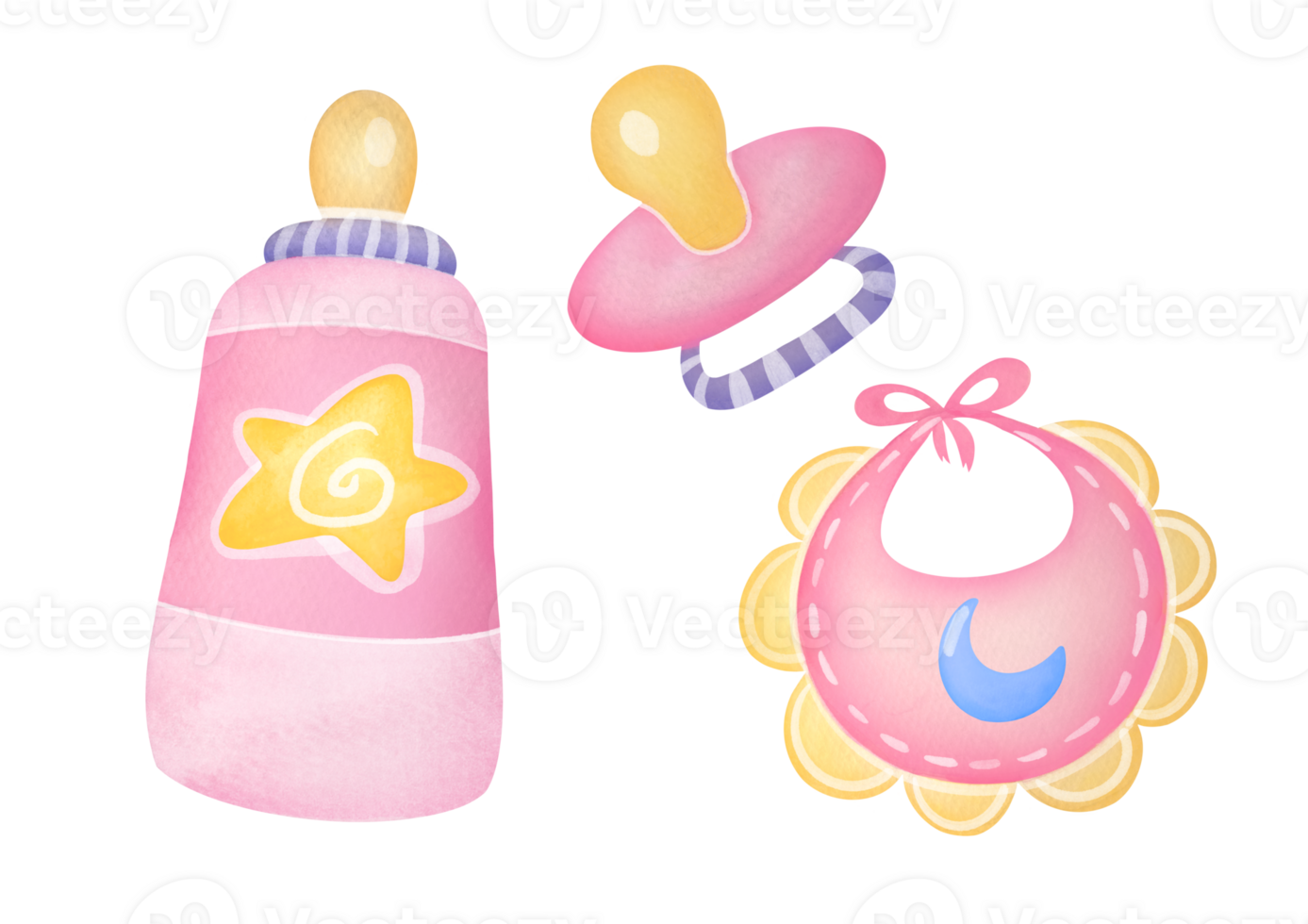 Newborn girl set pink cute pacifier, baby bottle,  bib, apron. Hand drawn watercolor illustration isolated on transparent background. cut out stickers collection of newborn things hand painted art png