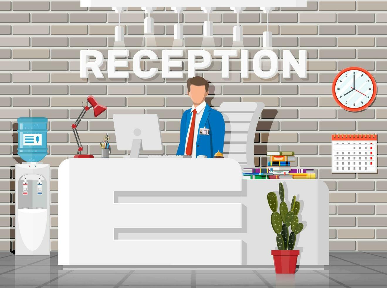 moderno recepción interior. hotel, hospital clínica o negocio oficina recepción escritorio. vestíbulo o esperando habitación adentro. recepcionista lugar de trabajo. computadora, lámpara, reloj, silla, planta. plano vector ilustración