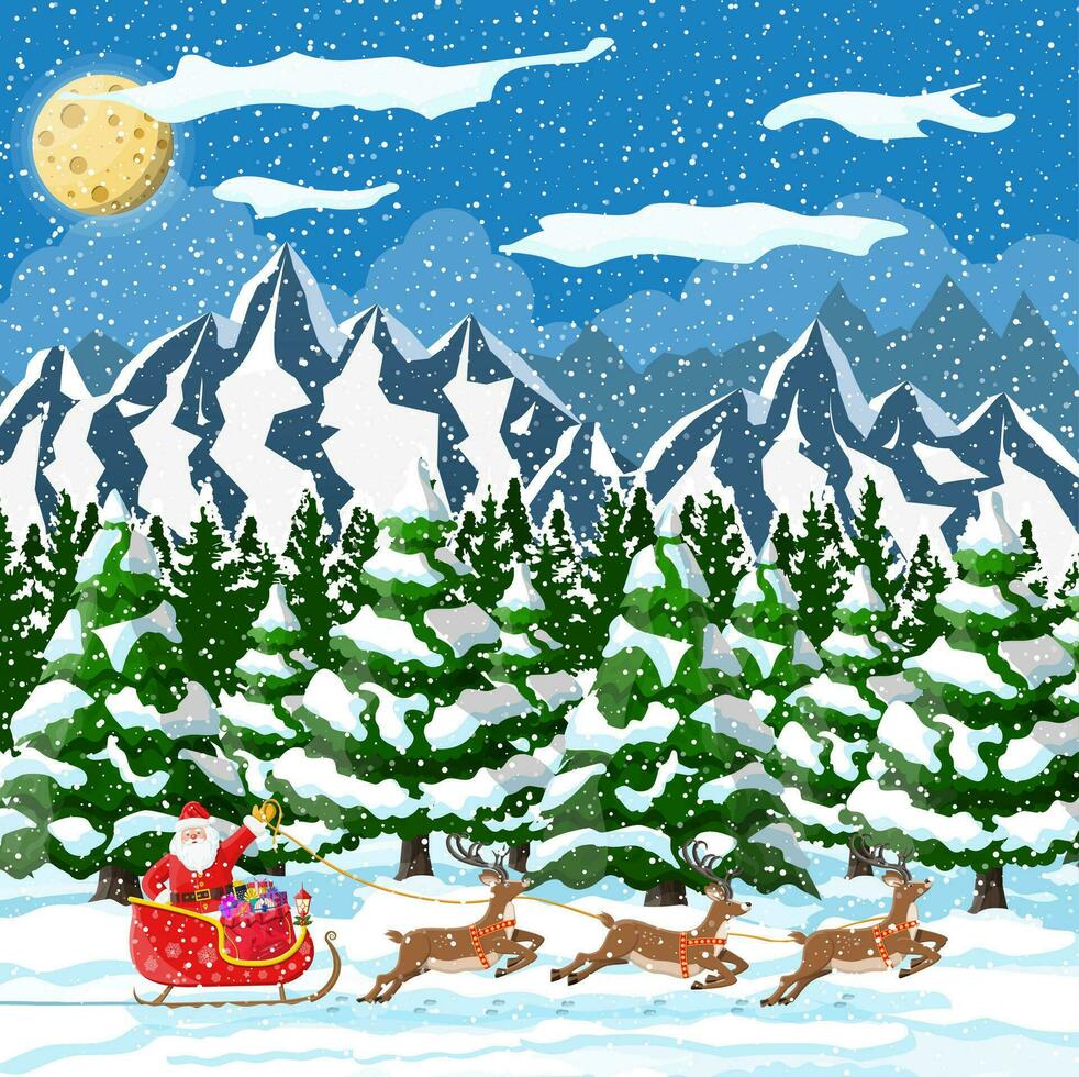 Christmas background. Santa claus rides reindeer sleigh. Winter landscape with fir trees forest mountains and snowing. Happy new year celebration. New year xmas holiday. Vector illustration flat style