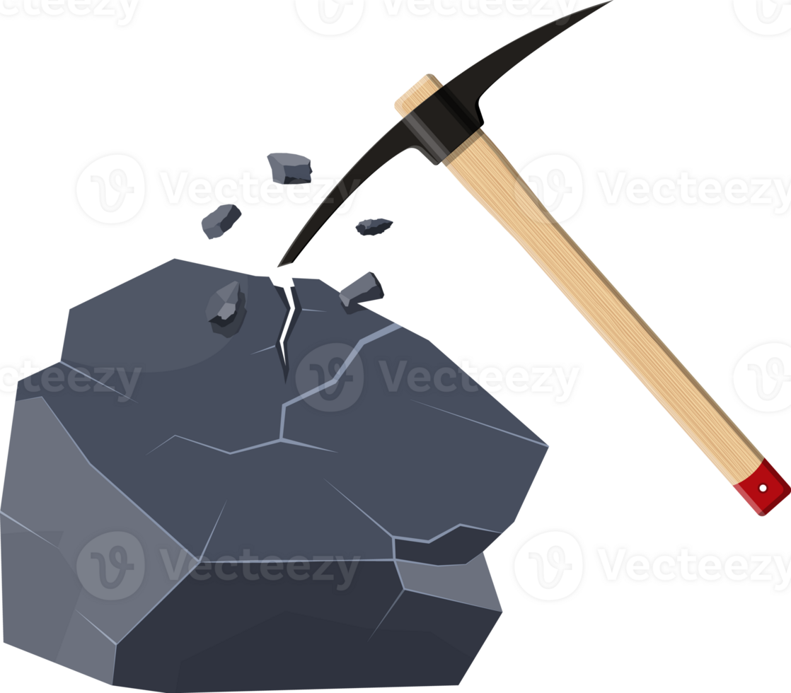 Wooden pickaxe with iron tip and rock png