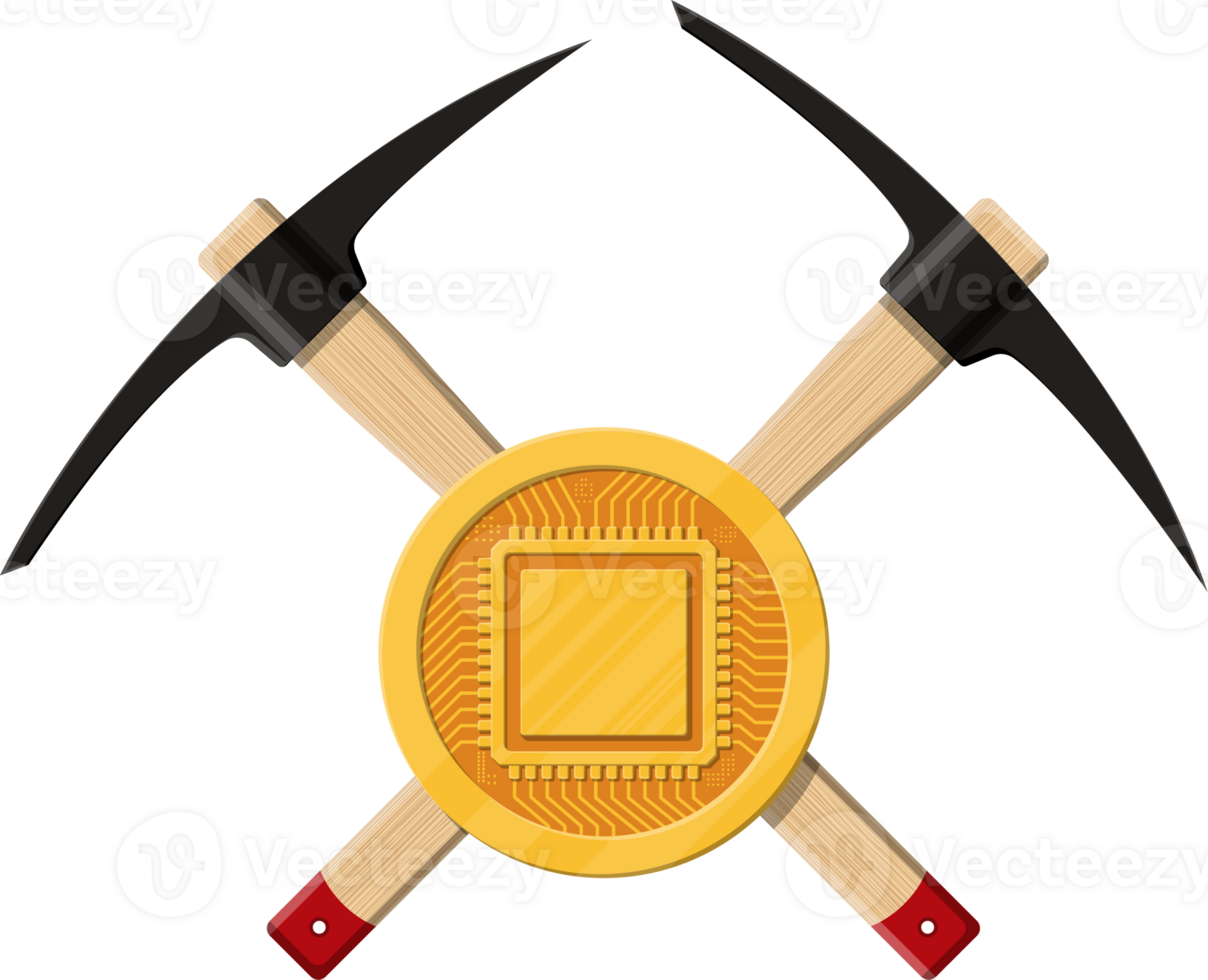 Golden coin with computer chip and pickaxe png