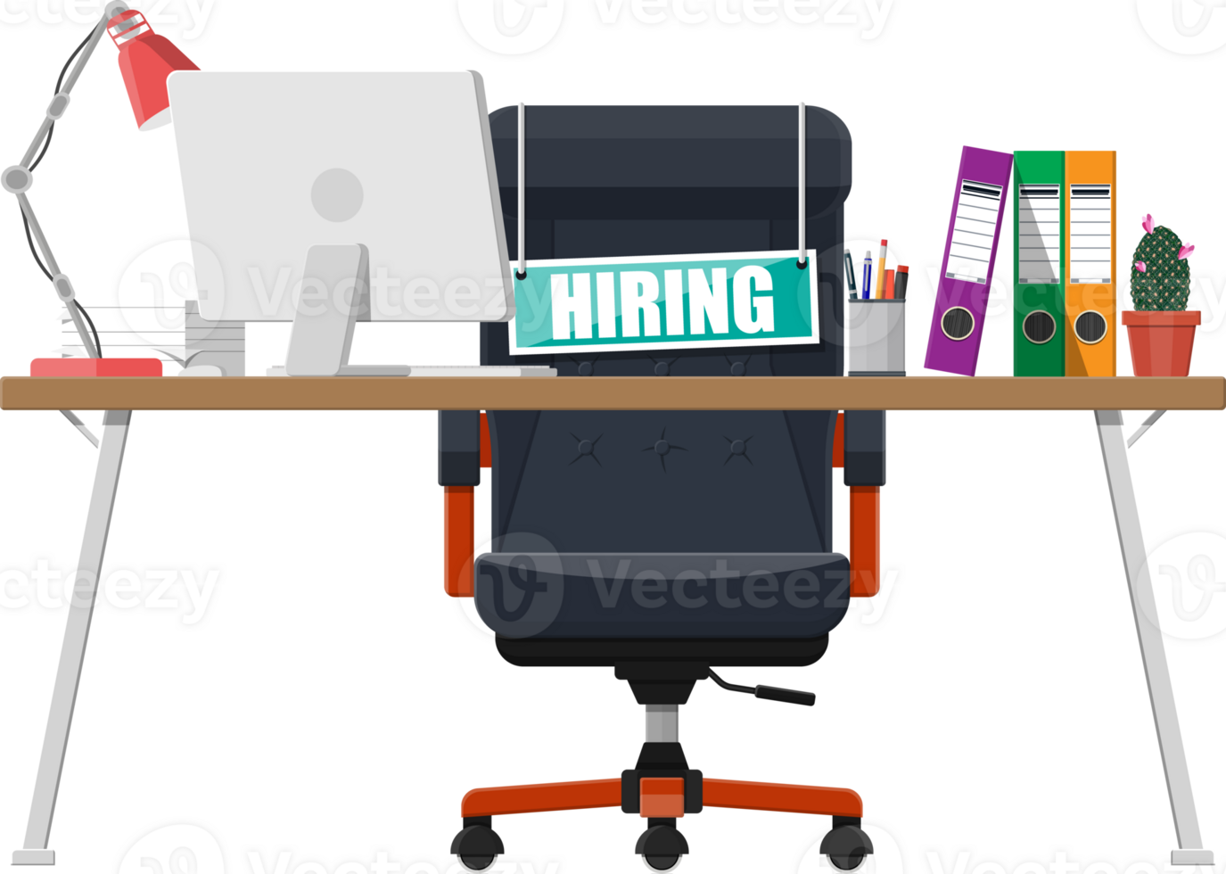 Office chair, sign vacancy, table with office items png