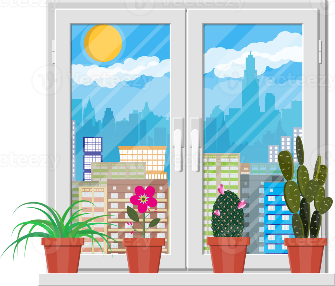 White window with flowers on wall and cityscape png