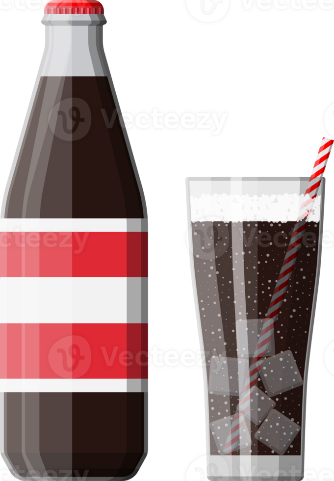 Bottle and glass with cola and striped straw png