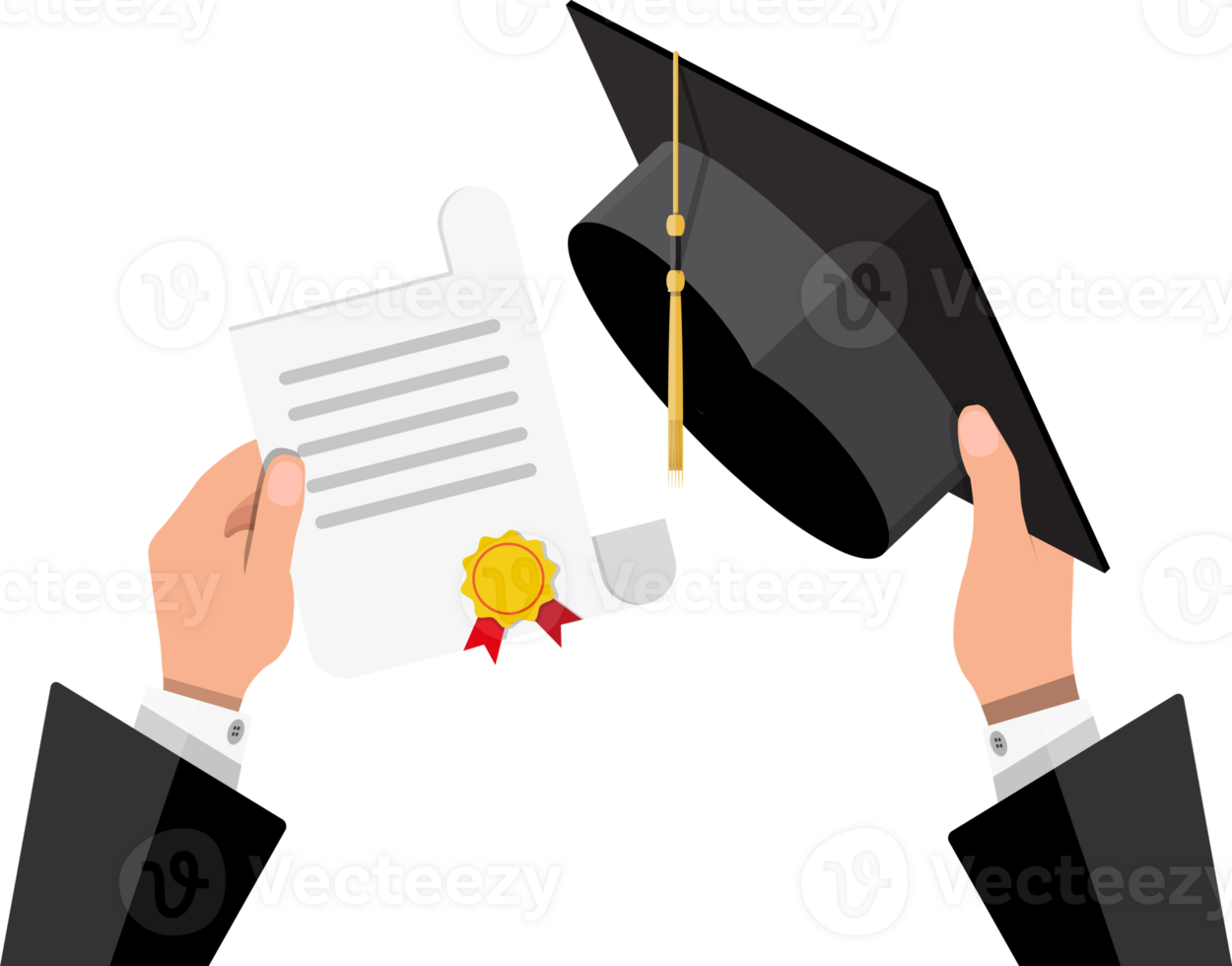 Graduation hat and diploma in hands of student png