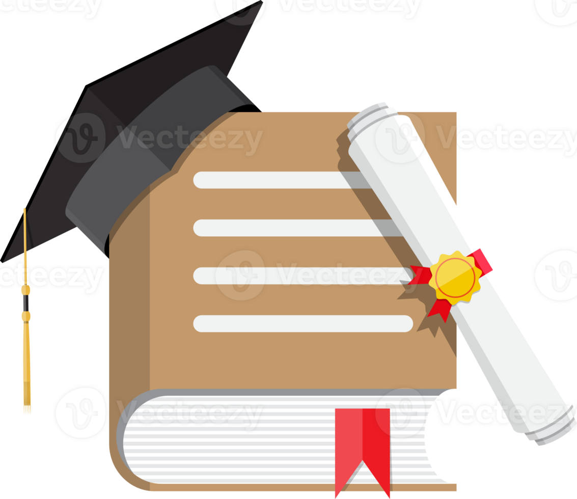 Paper diploma with stamp, book and graduation cap png