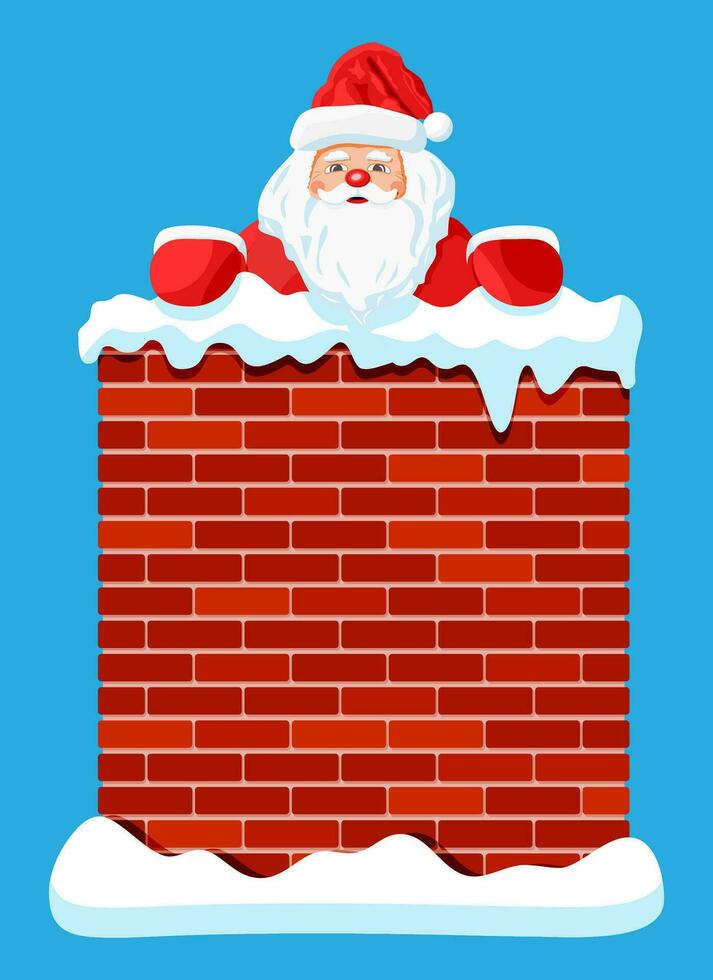 Santa claus stuck in chimney. Rooftop chimney with santa isolated. Happy new year decoration. Merry christmas holiday. New year and xmas celebration. Flat vector illustration