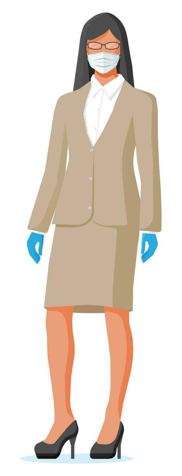 mujer vistiendo virus proteccion médico cara máscara y caucho guantes. desechable máscara en persona rostro. paño respirador. prevención en contra virus covid-19 coronavirus 2019-nCoV. plano vector ilustración