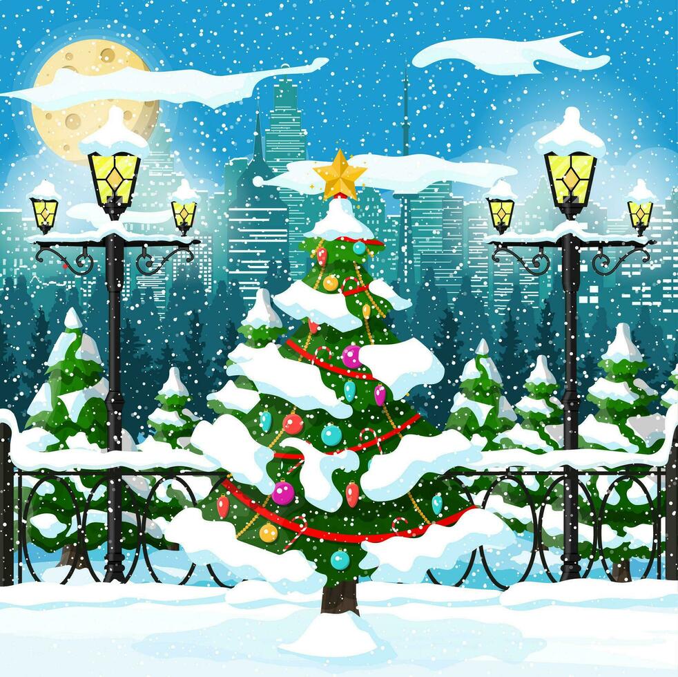 Navidad antecedentes. decorado Navidad árbol con guirnaldas y pelotas. invierno paisaje urbano abeto arboles bosque nevando contento nuevo año celebracion. nuevo año Navidad día festivo. vector ilustración plano estilo