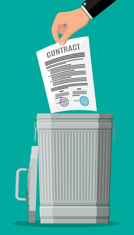 Businessman throws the contract in trash bin. Documents papers in garbage can. Contract termination concept. Vector illustration in flat design