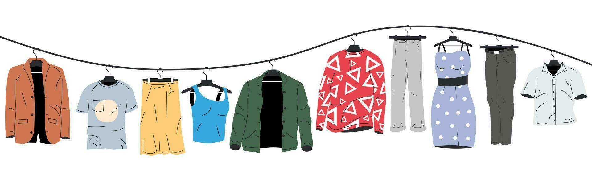 Mens and Womans Clothes on Hanger. Home or Shop Wardrobe. Clothes and Accessories. Various Hanging Clothing. Jacket, Shirt, Jeans, Pants. Cartoon Flat Vector Illustration