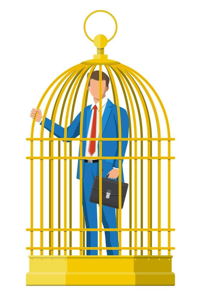 Business man locked in birds cage. Businessman man in golden cage. Feeling trapped at work. Concept of being rich but not free and overwork. Flat vector illustration