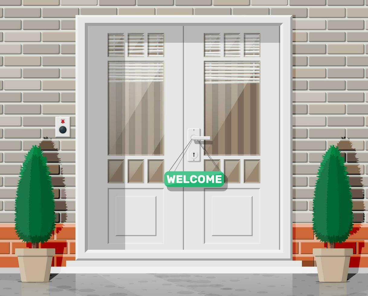 Wooden cottage door with windows and window blind on street. Closed door with chrome handle and bell button at front door. Concept of invitation to enter or new opportunity. Flat vector illustration