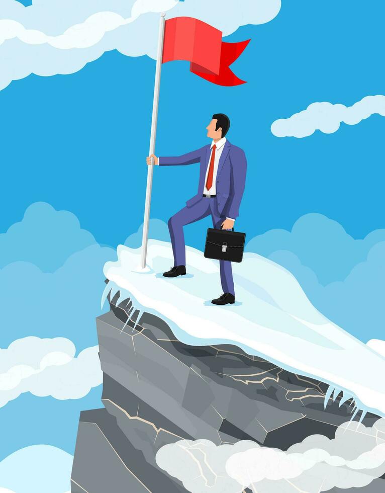 Businessman standing on top of mountain with flag. Symbol of victory, successful mission, goal and achievement. Trials and testing. Win, business success. Flat vector illustration