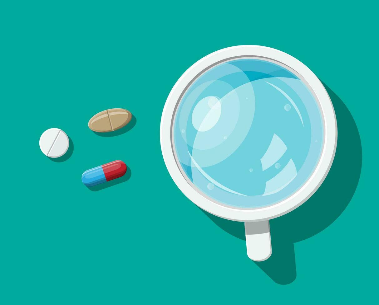 Glass of water, pills, capsules for illness and pain treatment. Taking medication concept. Medical drug, vitamin, antibiotic. Healthcare and pharmacy. Vector illustration in flat style