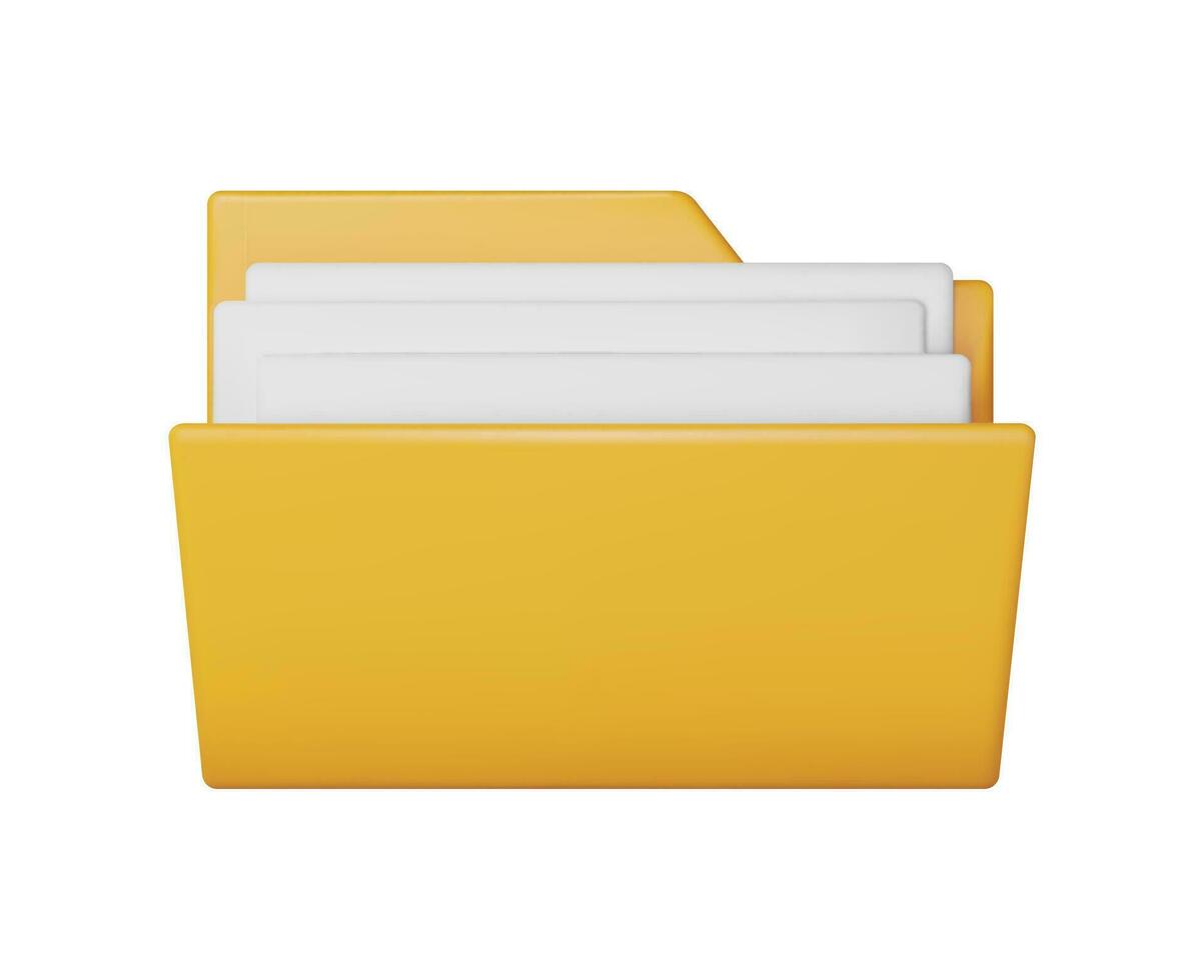 3D Business Folder full of Papers Isolated on White. Render Yellow Folder for Correspondence, File for Paper Documents. Open Folder Icon, Manila Archive Case or Ring Binder. Vector Illustration