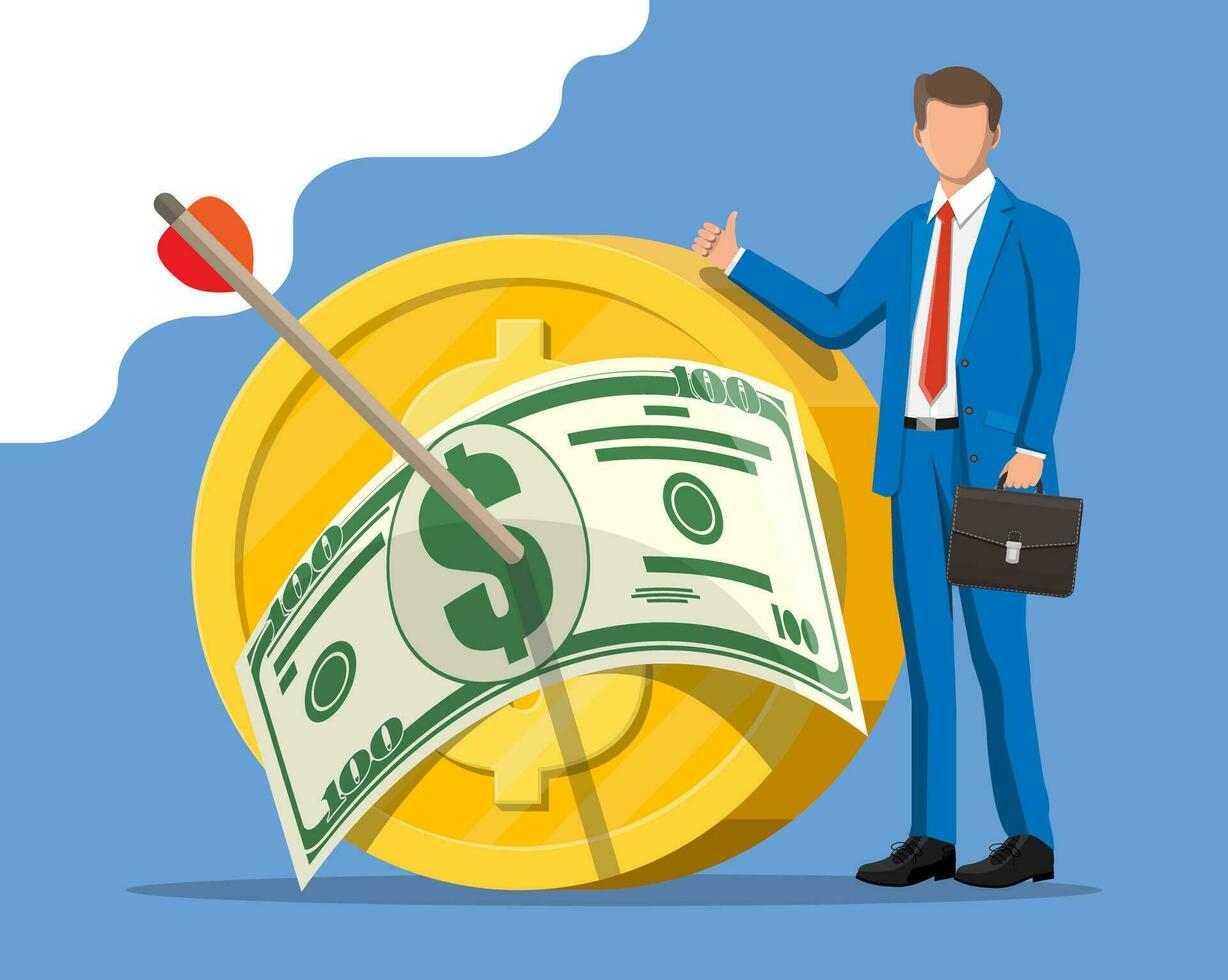 Businessman in suit and arrow with dollar banknote in coin target. Goal setting. Smart goal. Business target concept. Stock market. Achievement and success. Vector illustration in flat style