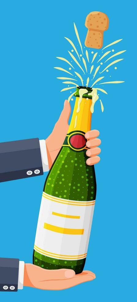 Champagne bottle opening with pop and cork flying. Champagne explosion, bottle pop and fizz. Concept of drinking party, birthday, wedding, christmas, new year celebration. Flat vector illustration