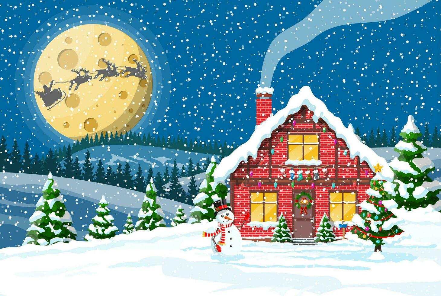 suburbano casa cubierto nieve. edificio en fiesta ornamento. Navidad paisaje árbol, muñeco de nieve, Papa Noel trineo renos nuevo año decoración. alegre Navidad fiesta Navidad celebracion. vector ilustración