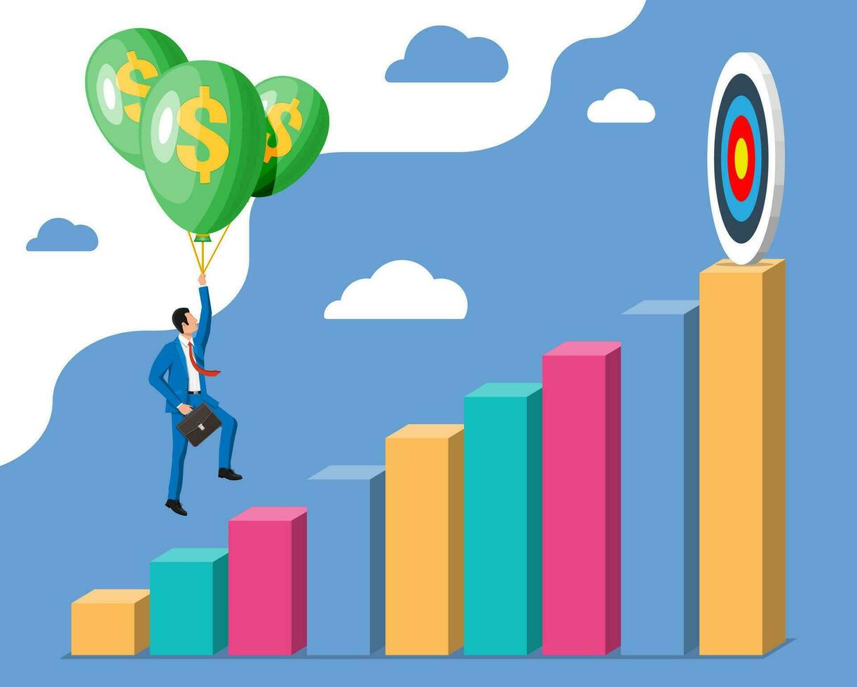 Businessman in suit flying a balloon over graph chart. Business man with briefcase and helium balloon with dollar sign. Concept of success career growth. Achievement and goal. Flat vector illustration