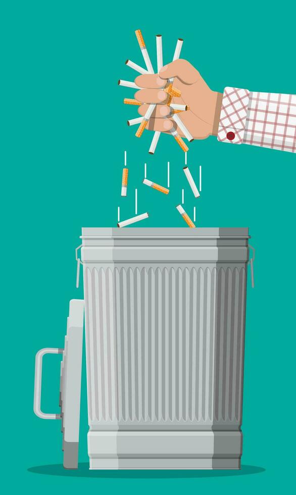 Tobacco abuse concept. Hand putting cigarettes in trash bin. No smoking. Rejection, proposal smoke. Vector illustration in flat style.