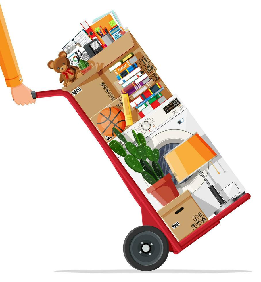 Hand truck and package for transportation. Moving to new house. Family relocated to new home. Paper cardboard boxes with various household thing. Vector illustration in flat style