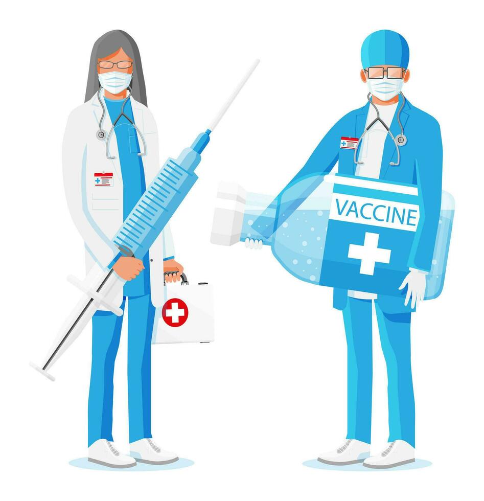 Female doctor holds syringe. Male doctor with ampoule with vaccine isolated on white. Woman and man in coat with medical vaccine injection tool. Vaccination concept. Flat vector illustration