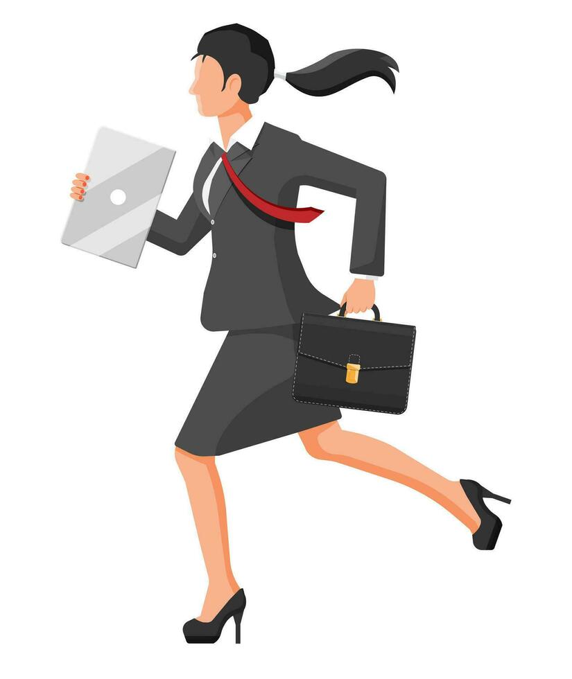 Businesswoman is fast running with waving necktie and briefcase. Business woman rushing hurry to get on time. Time is money concept. Work late or overtime. Flat vector illustration