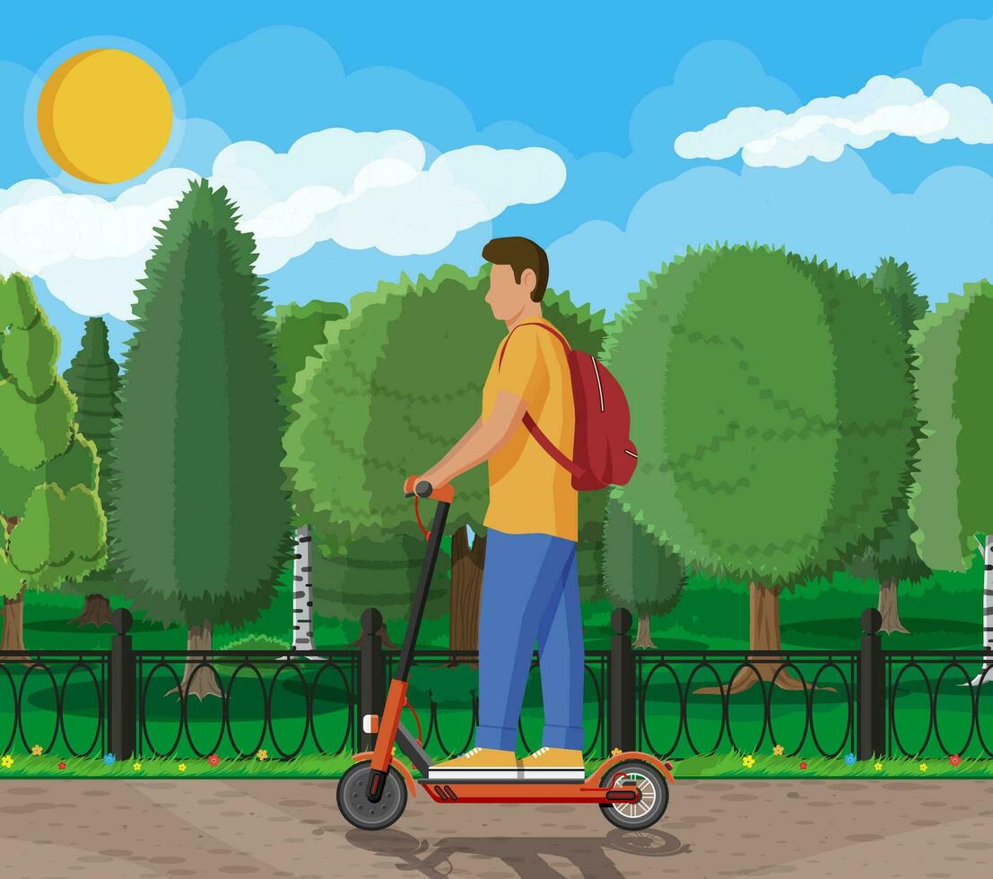 joven hombre en patada scooter. chico con mochila laminación en eléctrico scooter. hipster personaje usos moderno urbano transporte. ecológico, conveniente ciudad transporte. dibujos animados plano vector ilustración