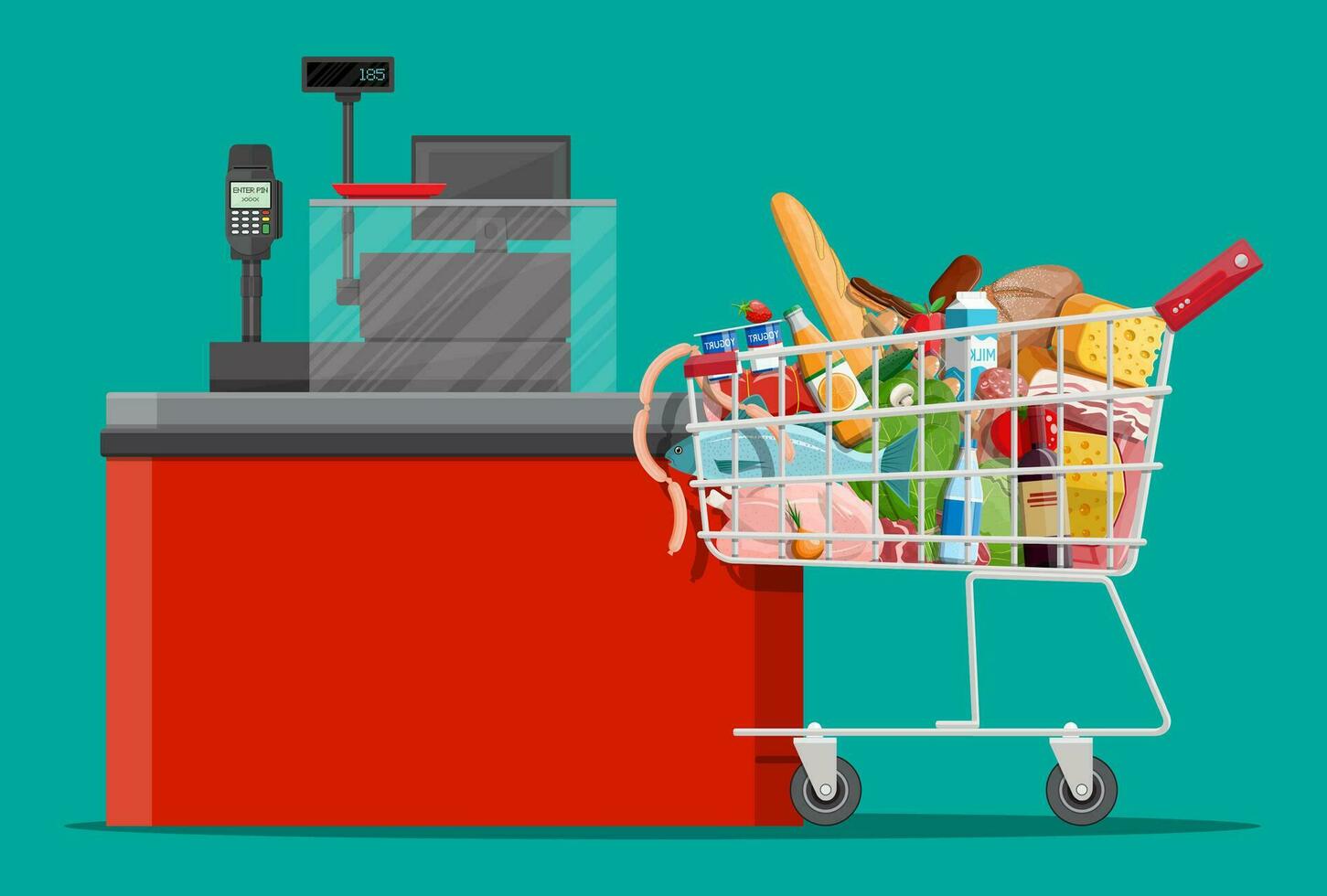 Groceries in checkout counter. Grocery store collection. Supermarket. Fresh organic food drinks. Milk, vegetables meat chicken cheese sausages, wine fruits, fish cereal juice. Flat vector illustration