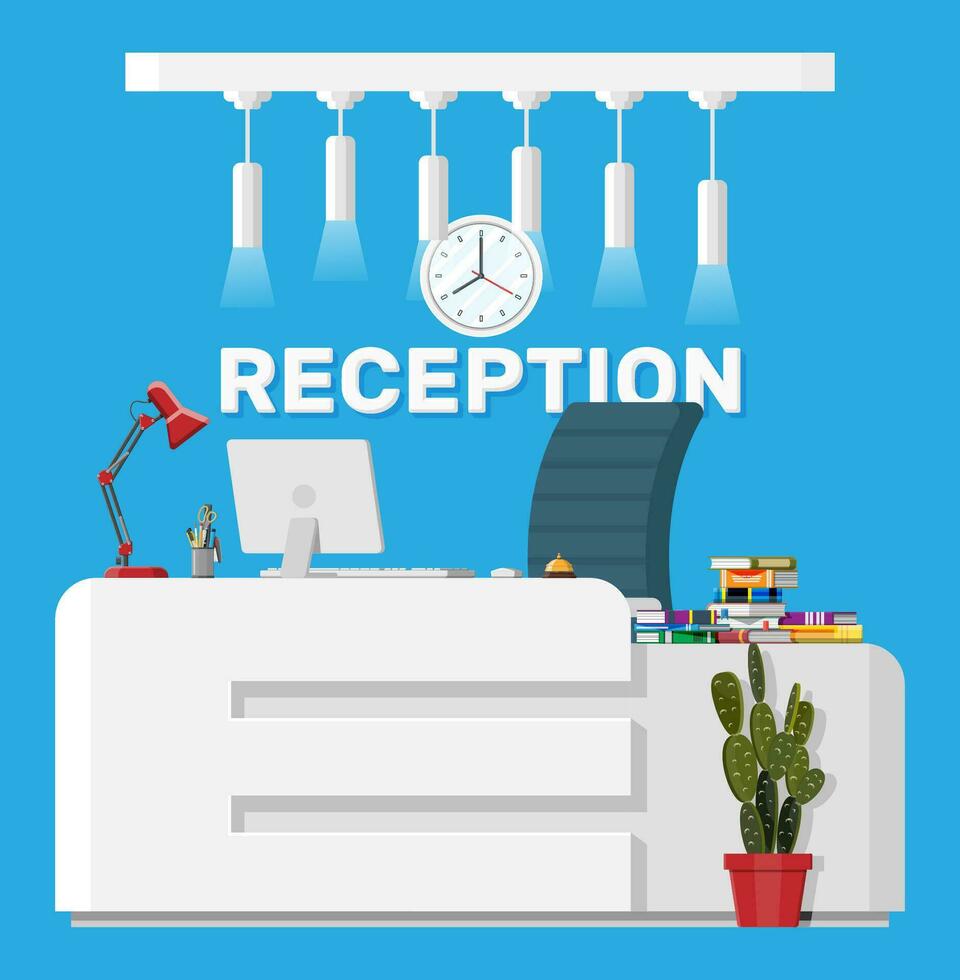 moderno recepción interior. hotel, hospital clínica o negocio oficina recepción escritorio. vestíbulo o esperando habitación adentro. recepcionista lugar de trabajo. computadora, lámpara, reloj, silla, planta. plano vector ilustración