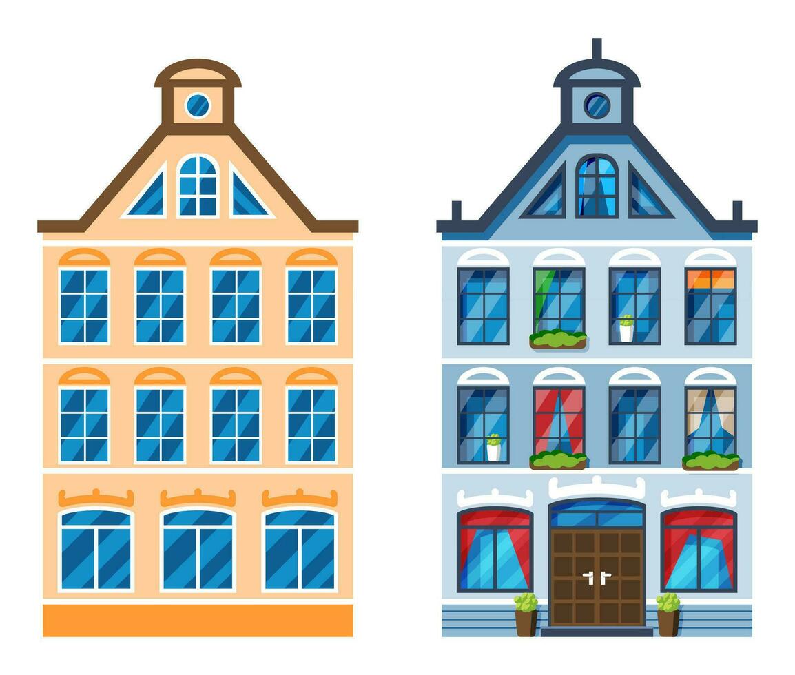 Residential House Icon in Dutch Style. Amsterdam Old Building Isolated on White. Historic Facade with Windows, Door, Flowers and Curtains. Architecture of Netherlands. Cartoon Flat Vector Illustration
