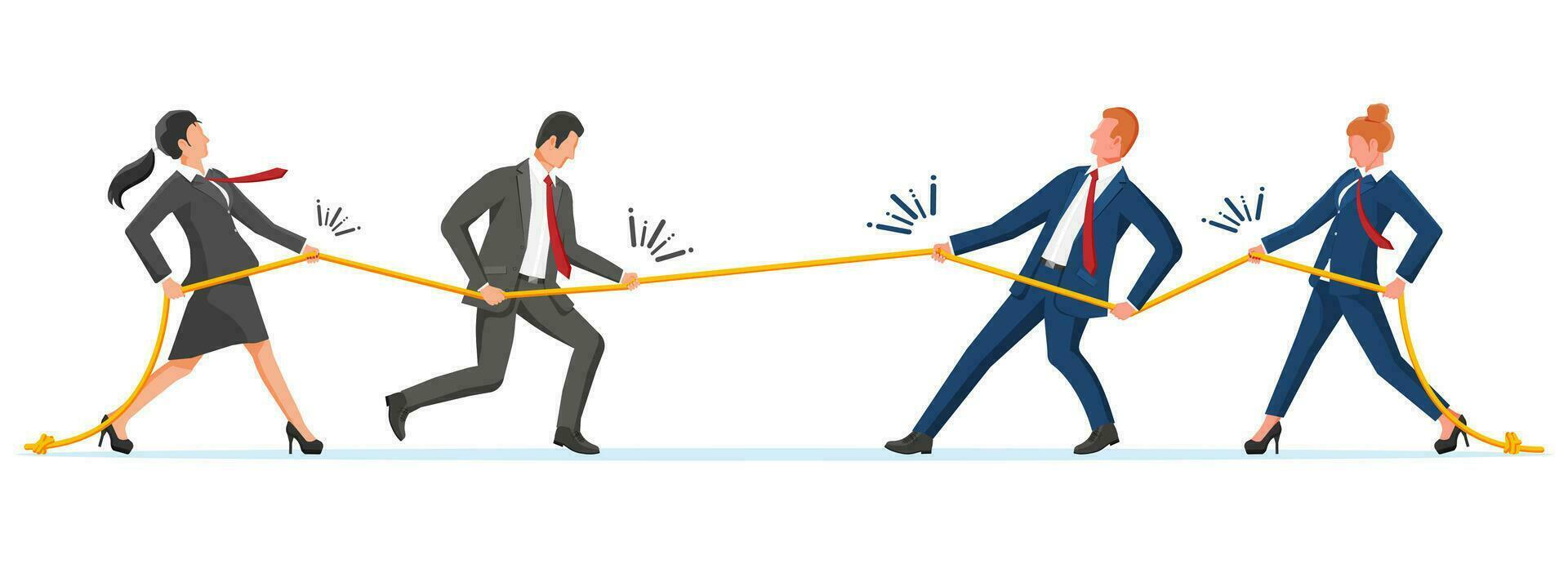 Businesswoman and Businessman Pull of Rope. Man and Woman Tug of War and Look at Each Other. Business Target, Rivalry, Competition, Conflict. Achievement, Goal Success. Flat Vector Illustration