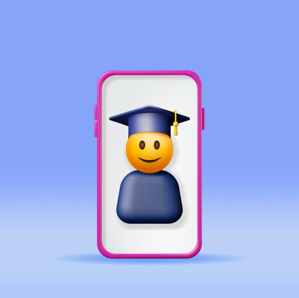 3d contento sonriente emoticon en graduado gorra en teléfono. hacer teléfono inteligente con sonrisa estudiante en graduación sombrero. birrete sombrero. en línea educación concepto aprendizaje electrónico, en línea cursos vector ilustración