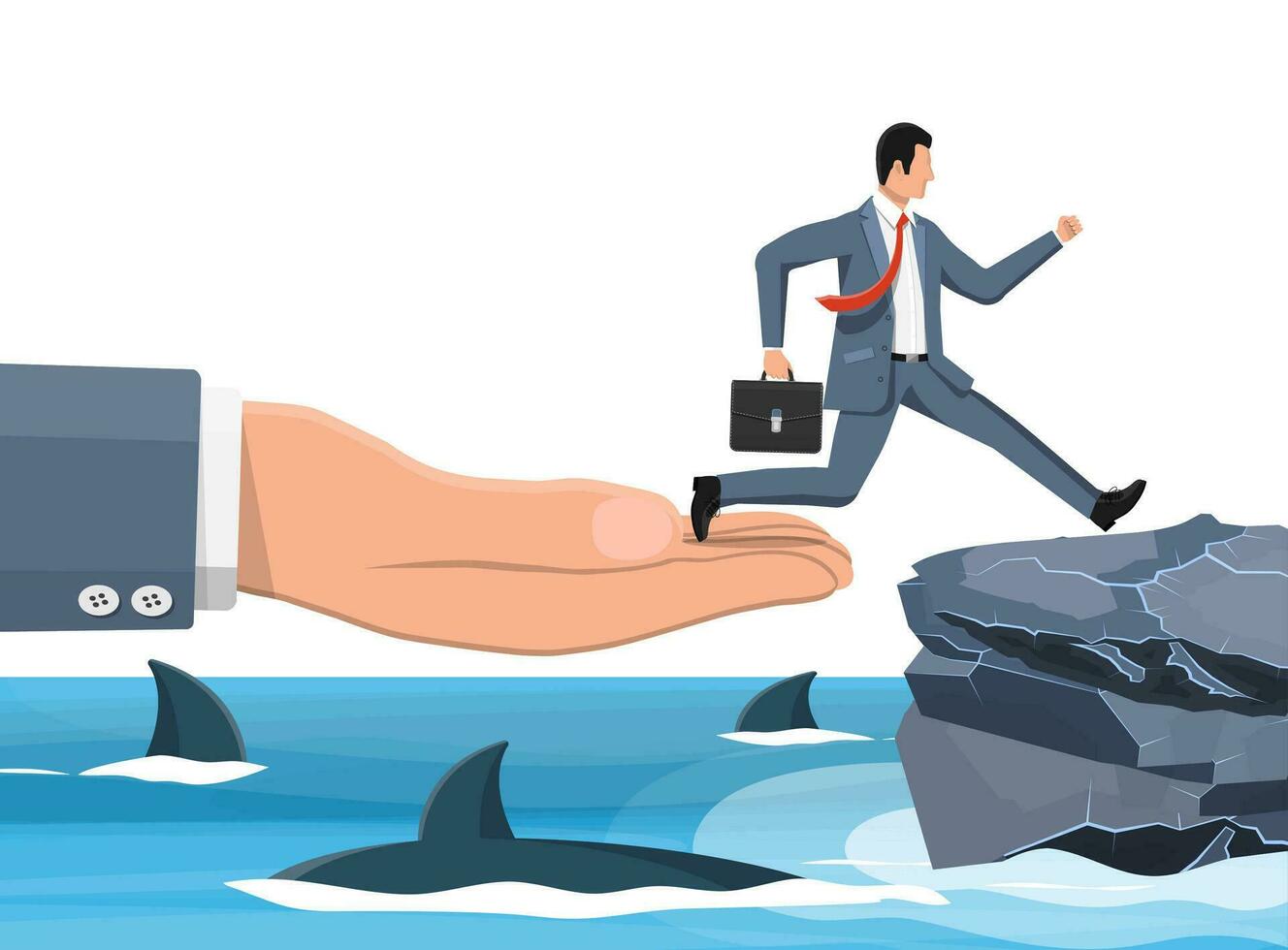 Businessman jumping over shark in water. Business man in suit jump between gap. Obstacle on road, financial crisis. Team work, cooperation. Risk management challenge. Flat vector illustration