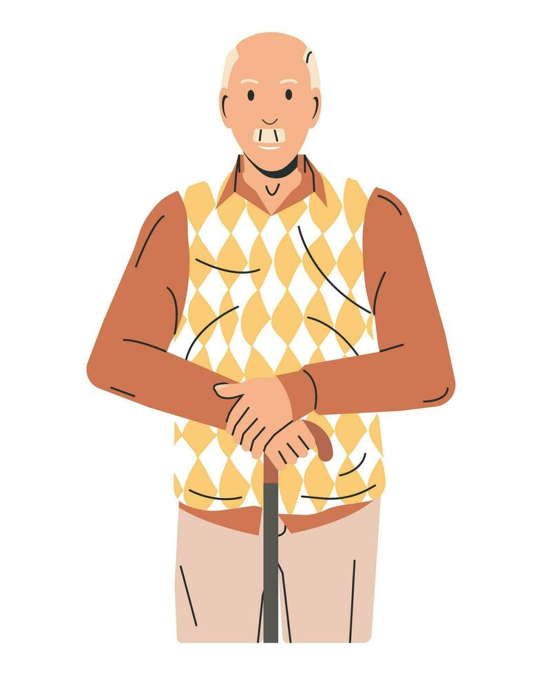 Handsome Elderly Man with Cane Isolated. Bald Old Man in Casual Summer Outfit with Stick. Senior Male Character. Fashion Grandfather with Mustache Wearing Vest. Cartoon Flat Vector Illustration