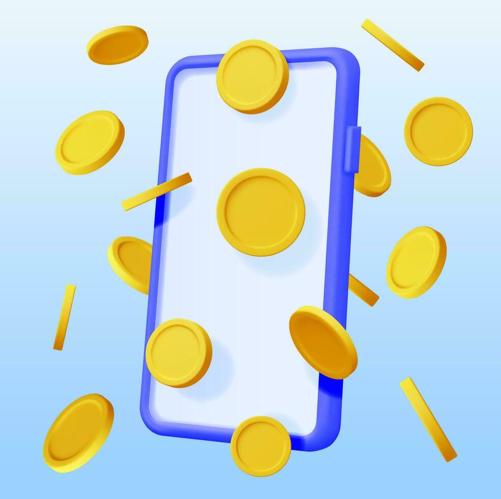 3D Smartphone and Money in Air Isolated. Render Mobile Phone with Gold Coin. Mobile Online Payment and Transfer. Finance, Investment, Money Saving. Internet Casino. Vector Illustration