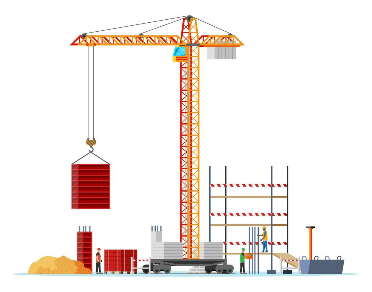 Construction Site Banner. Sand, Brick, Workers, Concrete Piles, Tower Crane. Under Construction Design Background. Building Materials and Equipment. Cartoon Flat Vector Illustration