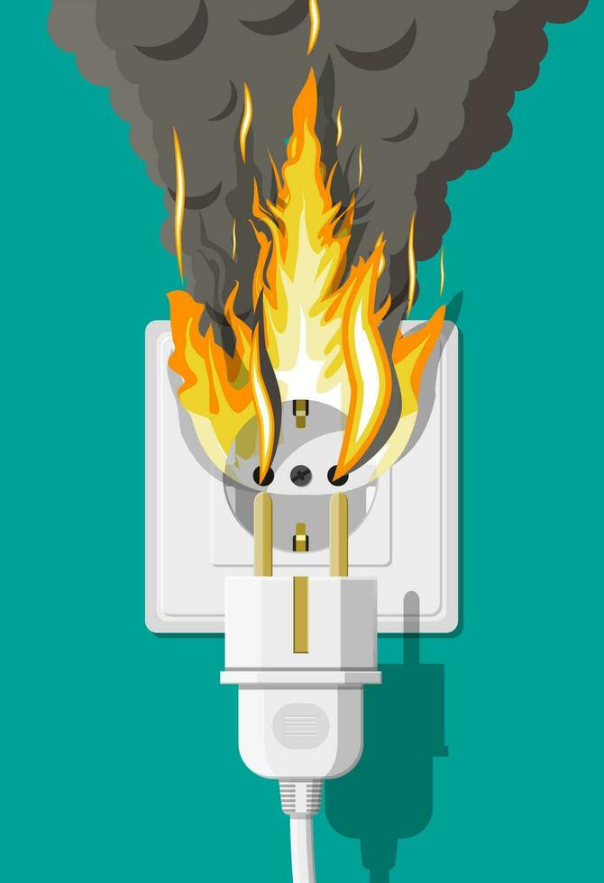 Electrical outlet with plug on fire. Overload of network. Short circuit. Electrical safety concept. Wall socket in flames with smoke. Vector illustration in flat style