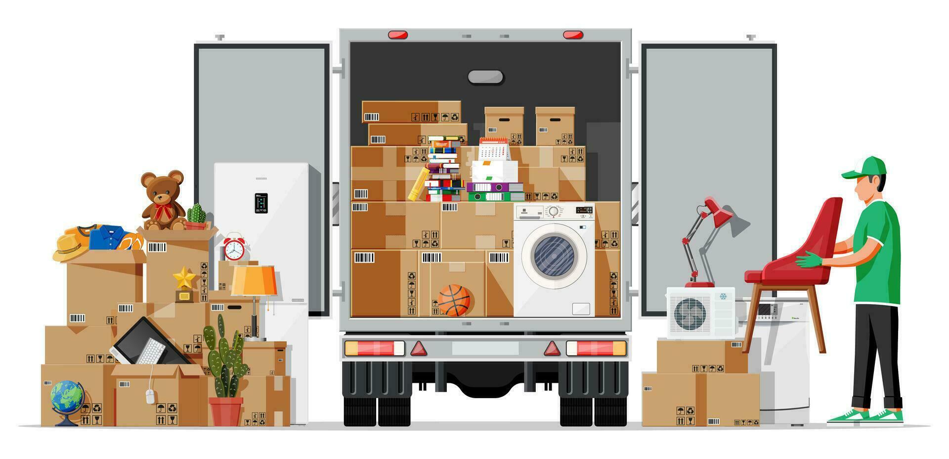 Delivery truck full of home stuff inside. Moving to new house. Family relocated to new home. Boxes with goods. Package transportation. Computer, lamp, clothes, books. Flat vector illustration