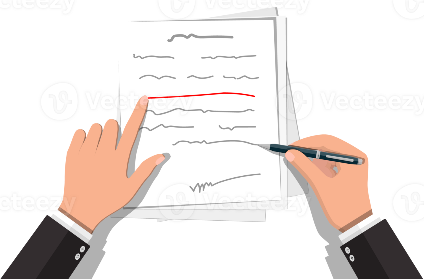 Hands of author with pen working on document png
